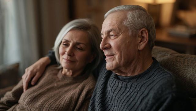 Senior couple cuddling on sofa in cozy living room with warm lamp glow and knit sweaters