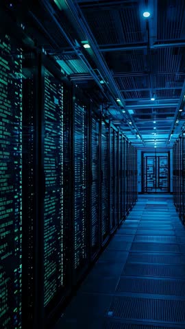 Vertical Tracking Shot Gliding Down Blue-Lit Data Center Corridor with Blinking Server LEDs