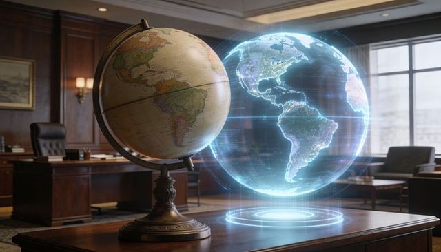 Antique globe on brass stand with glowing holographic earth projection in executive office