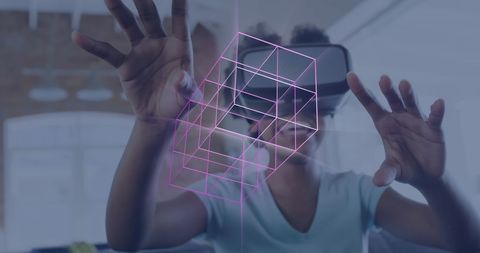 Woman experiencing virtual reality with holographic data visualization