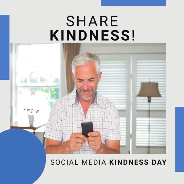 Mature man using smartphone indoors, advocating for social media kindness day. Ideal for promotions, awareness campaigns, social media content aiming to spread positivity and kindness online.