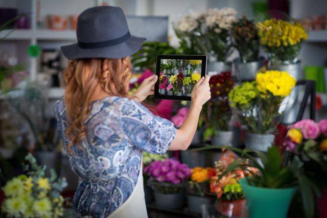 Female florist using a digital tablet to take photographs of colorful flowers in a flower shop. Ideal for content related to small businesses, modern technology in retail, entrepreneurship, and floral arrangements. Perfect for blogs, websites, and marketing materials focused on floristry, retail technology, and creative business solutions.