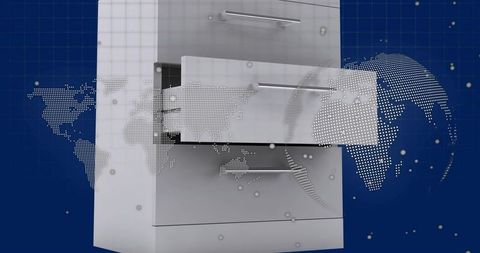 Metallic three-drawer cabinet showing open middle drawer with digital dotted world overlay