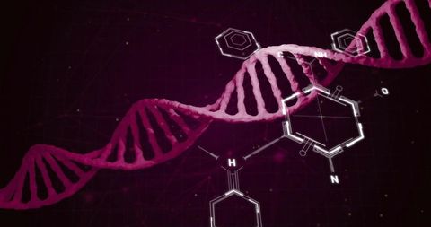 Magenta DNA Double Helix Spiraling Across Neon Grid with Molecular Diagrams for Biotech