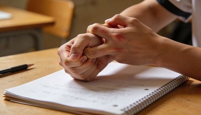 Clasping hands over spiral notebook showing exam stress and concentration in classroom