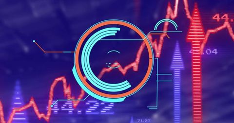 Futuristic hud analytics displaying neon cyan-orange rings and red financial chart