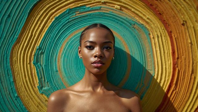 Posing bare-shouldered model against teal yellow orange concentric textured rings