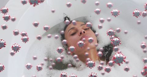 Woman Relaxing in Bathtub with 3D Virus Particles