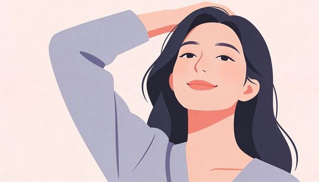 Confident woman adjusting hair wearing lavender top pastel minimalist vector portrait