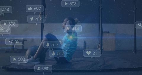 Woman Training With Sit-Ups Amidst Social Media Icons