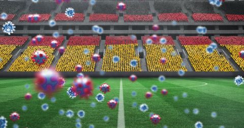 Pandemic Impact on Sports: Empty Stadium with Virus Cells Overlay