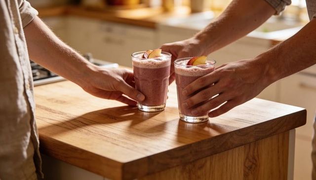 Couple clinking peach smoothies on wooden kitchen island in warm morning light