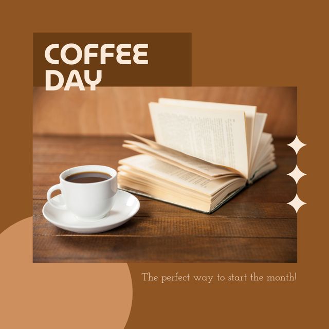 Coffee Day with Open Book and Coffee Cup on Wooden Table - Download Free Stock Templates Pikwizard.com