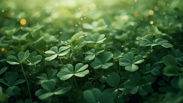Sunlit Clover Meadow with Dew Droplets and Golden Bokeh, Close-up Natural Texture