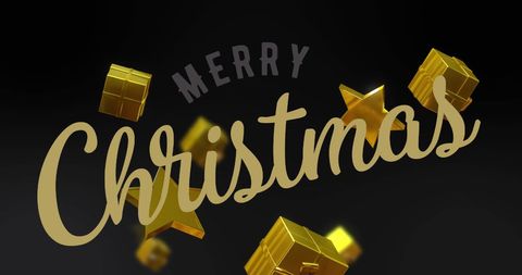 merry christmas text with golden gifts and stars on black background - Download Free Stock Images Pikwizard.com