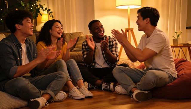 Multicultural friends clapping and laughing during cozy living room game night