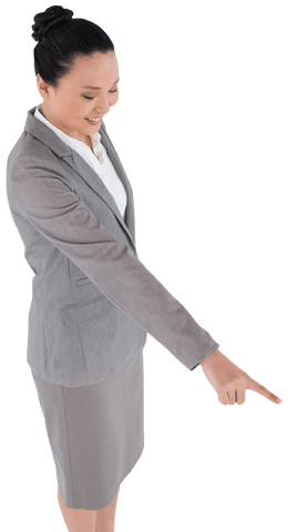 Smiling Asian Businesswoman Pointing to Side on Transparent Background
