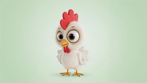 Adorable fluffy cartoon chicken with big eyes and red comb on green background