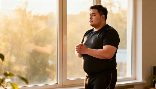 Standing asian man clasping hands over chest by sunlit window during golden hour