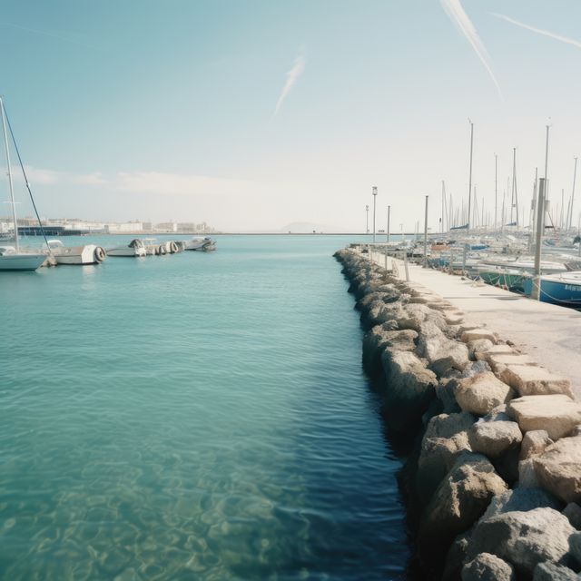 General view of port with sailing boats, sea and sky created using generative ai technology. Travel, sailing and seaside concept digitally generated image.