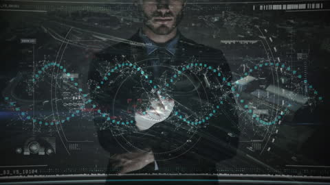 Futuristic Businessman Analyzing Digital Data Interface