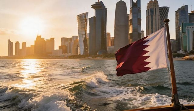 Qatar flag fluttering from boat stern with doha skyline at sunset golden hour