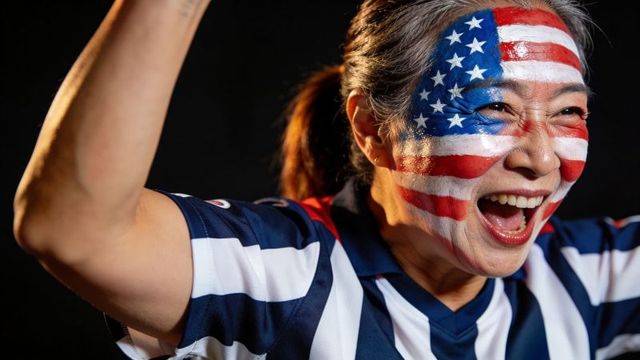 Cheering senior asian woman with american flag face paint celebrating game win, energetic closeup