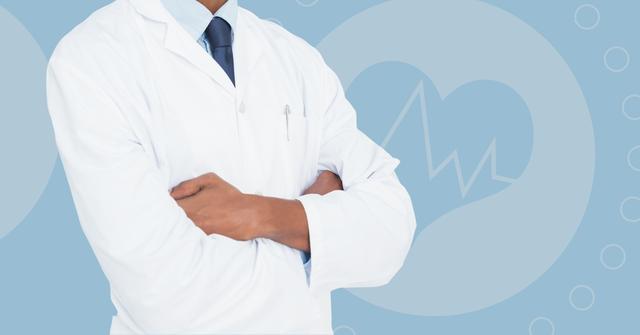Doctor standing with crossed arms in front of abstract medical background featuring cardiovascular symbols. The image conveys confidence and professionalism, making it suitable for healthcare advertisements, medical articles, hospital websites, and educational materials in the healthcare sector.