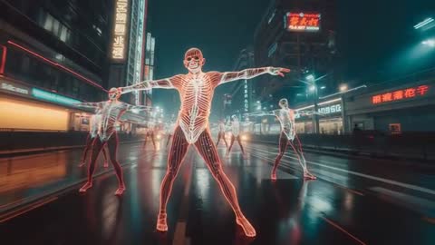 Neon Skeleton Dance Performance in Futuristic Cityscape