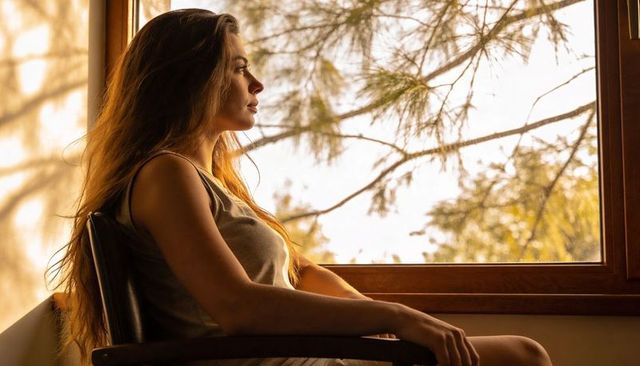 Young woman gazing through wood frame window during golden hour, serene contemplative moment