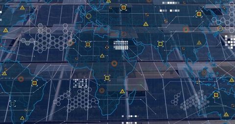 Holographic global network interface overlaying glass solar array with hex grid and alerts