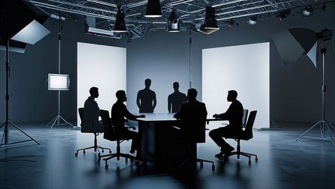 Silhouettes of business professionals in studio meeting, talking heads style