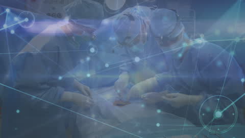 Surgeons Operating Overlay with Futuristic Digital Network