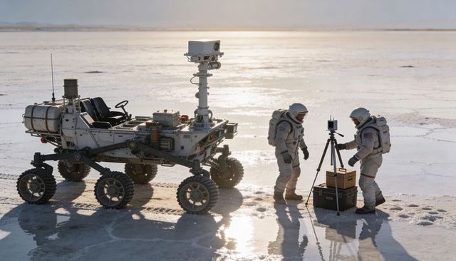 Astronaut crew testing six-wheel rover and tripod sensor on reflective salt flat at sunset