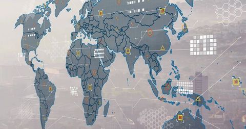 Global Data Network Map Overlaying Urban Skyline with Hexagon Grid and Connection Markers