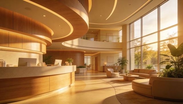Sunlit curved wooden reception desk anchoring modern lobby with mezzanine and plants