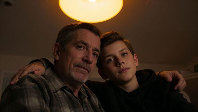 Father and Teen Son Embracing on Couch Under Warm Pendant Lamp