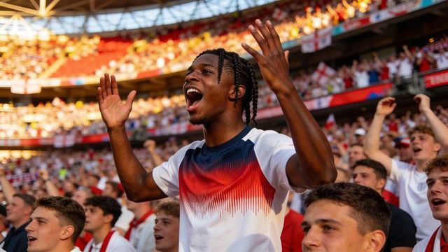 Young fan cheering passionately in sunlit soccer stadium with raised hands