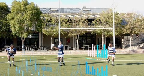 Rugby players practicing tactical passing with data overlays for performance analytics