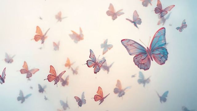 Pastel butterflies fluttering in soft light, ethereal glow and dreamy airy bokeh