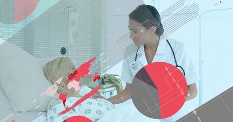 Nurse examining patient in hospital bed with medical data overlay and clinical analytics