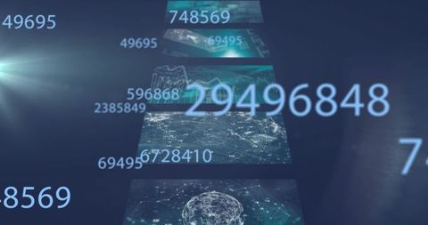 Floating numeric stream anchoring digital data corridor with holographic globe network