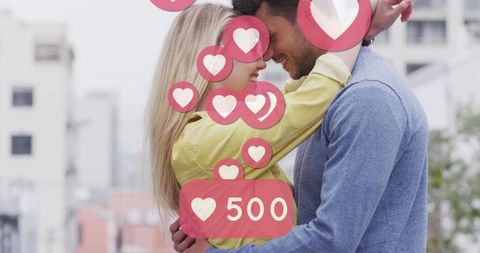Couple Embracing with Floating Social Media Hearts
