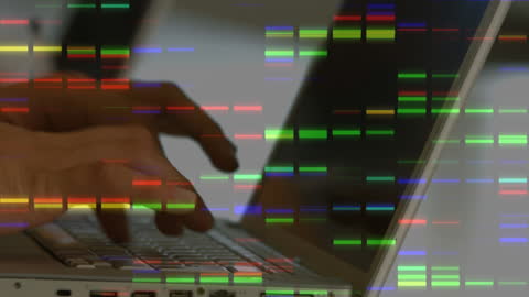 Hands Typing with Colorful Digital Data Visuals Overlapping