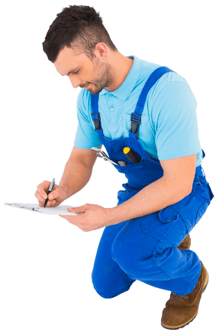 Caucasian male worker taking notes, transparent background