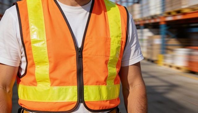 Warehouse worker wearing orange high-visibility safety vest with reflective safety stripes