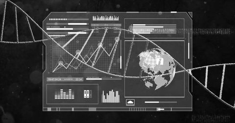 Futuristic virtual lab hud with dna helix and real-time analytics