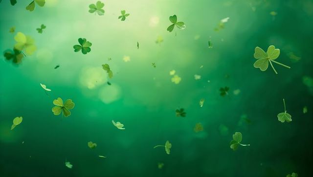 Floating Shamrock Leaves on Soft Green Bokeh Background for St Patrick Theme