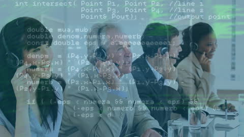 Team of Professionals in Headsets with Data Overlay