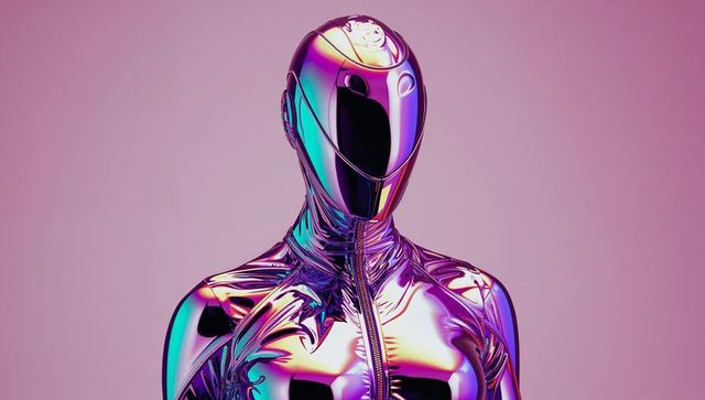 Futuristic iridescent humanoid in studio with gradient backdrop